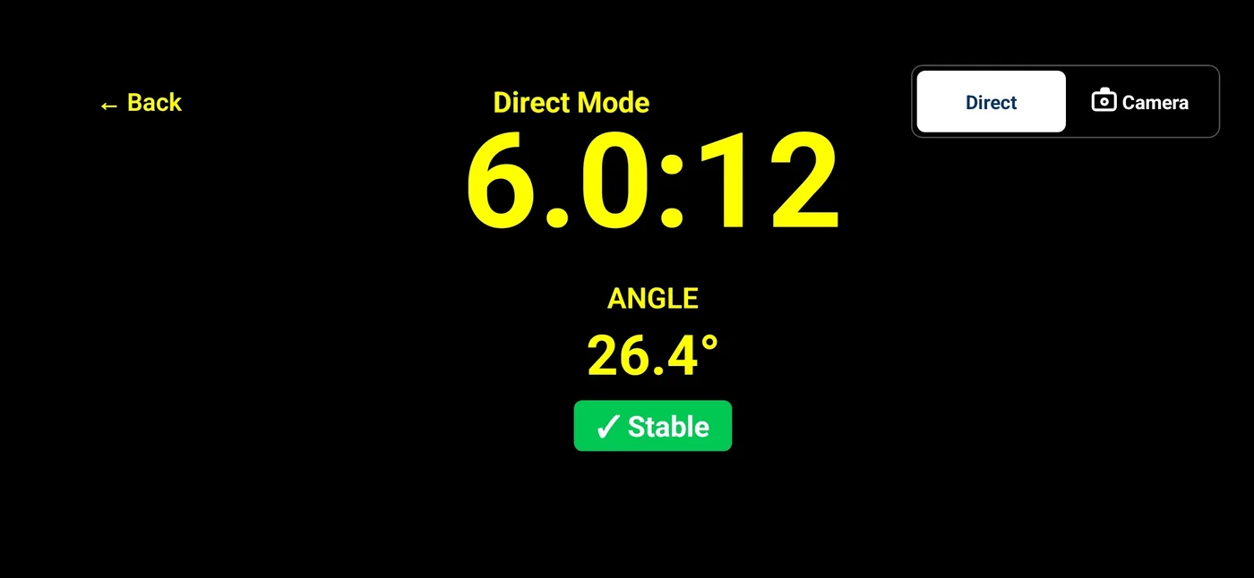 Pitch Please Direct Mode screen showing a 6.0:12 roof pitch reading at 26.4 degrees in large yellow type with a green stable indicator and a Direct or Camera mode switch