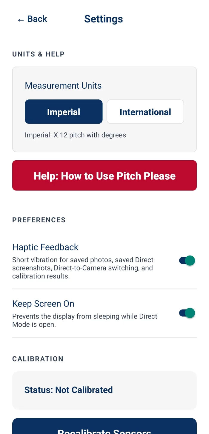 Pitch Please settings screen showing Imperial or International measurement units, a help guide link, haptic feedback and keep screen on preferences, and sensor calibration status