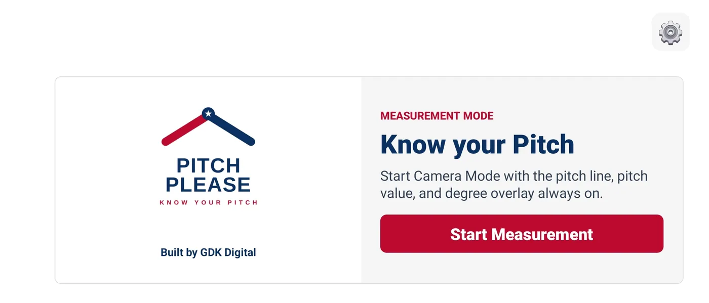 Pitch Please app home screen with the Know Your Pitch logo, a Start Measurement button, and Built by GDK Digital