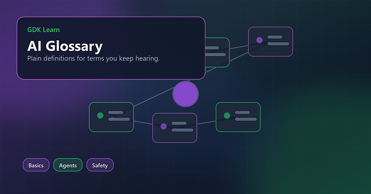 Abstract glossary cards connected into a simple AI terminology map.