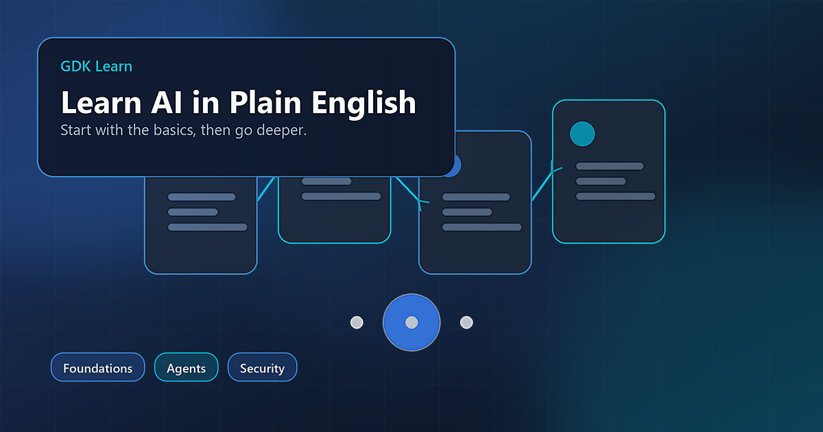 Abstract connected cards representing plain-English AI learning paths.