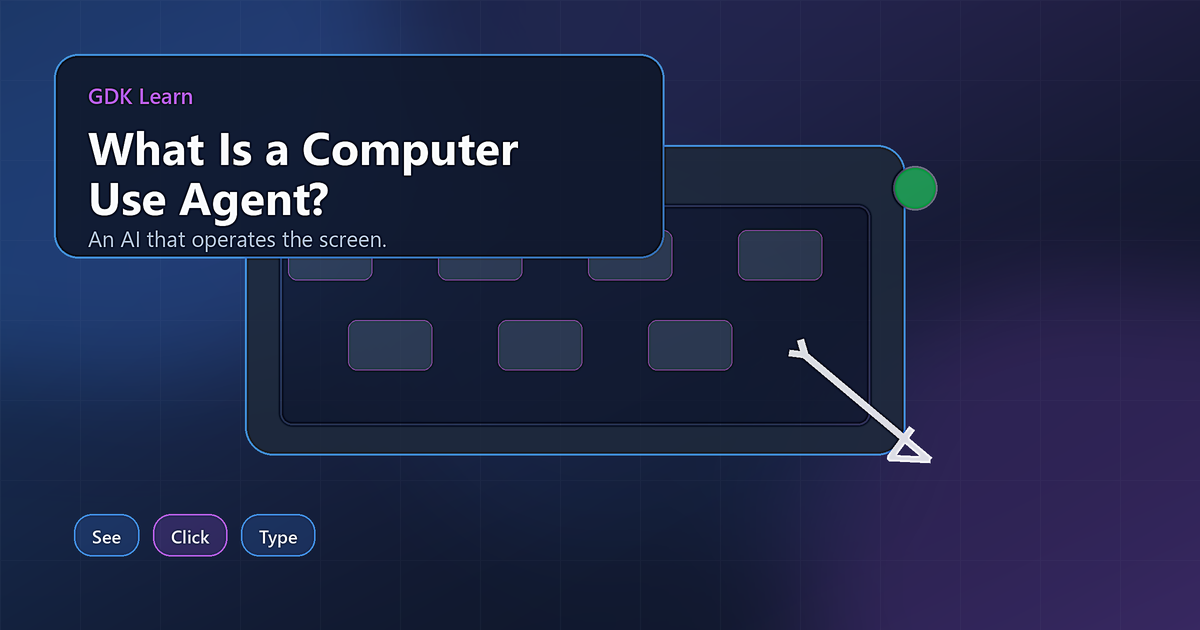 Abstract browser window with an AI cursor operating interface controls.