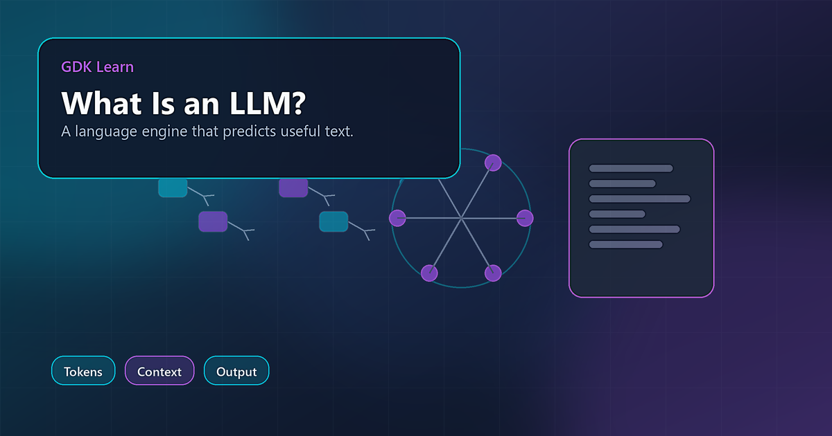 Abstract token stream flowing through a model network into a written output panel.