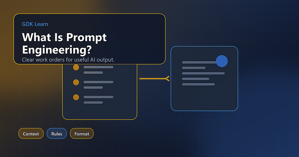 Abstract work order panel flowing into a structured AI output panel.