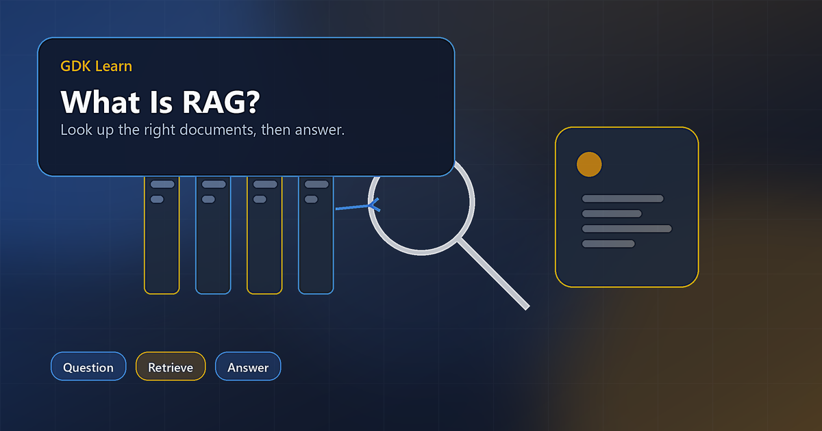 Abstract diagram of document shelves feeding a magnifying lens and an answer panel.